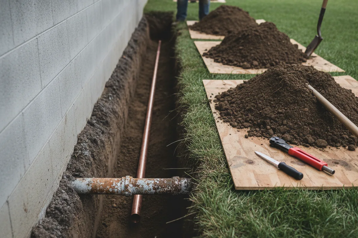 Excavated water line trench during Sewer Line Repair in Gardners